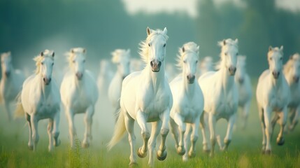 A herd of white mustang horses running in a field.