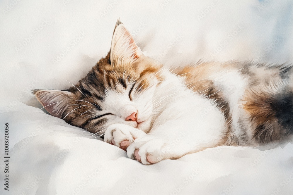 Aufkleber a fluffy cat peacefully sleeping on a soft bedspread against a white background during a tranquil af
