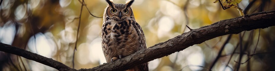 A large owl is perched on a tree branch, wide panoramic banner with copy space.