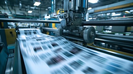 Fototapeta premium Printing press in action at a commercial printing facility during the day showing a rapid flow of printed materials on the conveyor belt