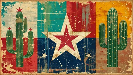 Vibrant abstract vector illustration featuring a distressed grunge design with Texas-inspired motifs, including stars, cacti, and a bold, rugged typography.