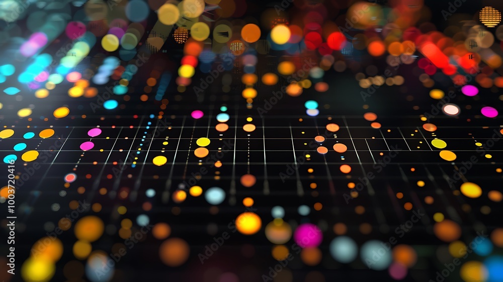 Poster abstract composition featuring a grid of bright lights and dots. the colors are vibrant and dynamic,