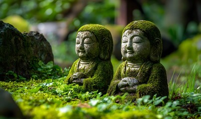 Lush green moss covering the bottom of an ancient Buddhist statue,Generative AI