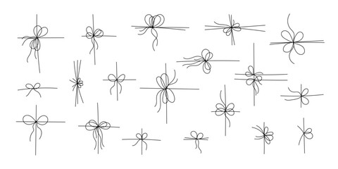 Black line style gift ribbon bows set isolated on white background. Doodle line style gift box ribbon bows in a thin, simple, minimal hand drawn design for elegant festive present decoration.