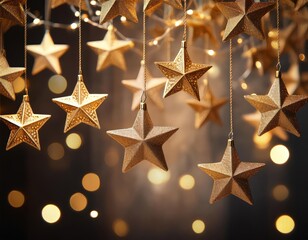 Golden stars hang from strings with a sparkling bokeh background, creating a festive and magical atmosphere