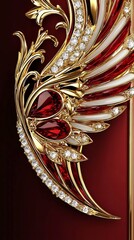  A tight shot of a sideways red-and-gold clock featuring a red dial and white numerals