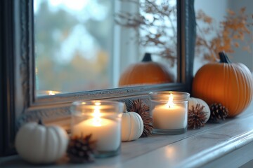 Lit candles and pumpkins placed in front of a mirror, with reflections creating a warm glow