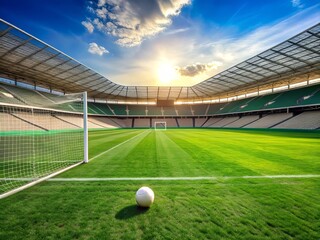 A serene and deserted soccer stadium with a lone white ball sitting on the lush green grass field, surrounded by empty seats and goalposts.