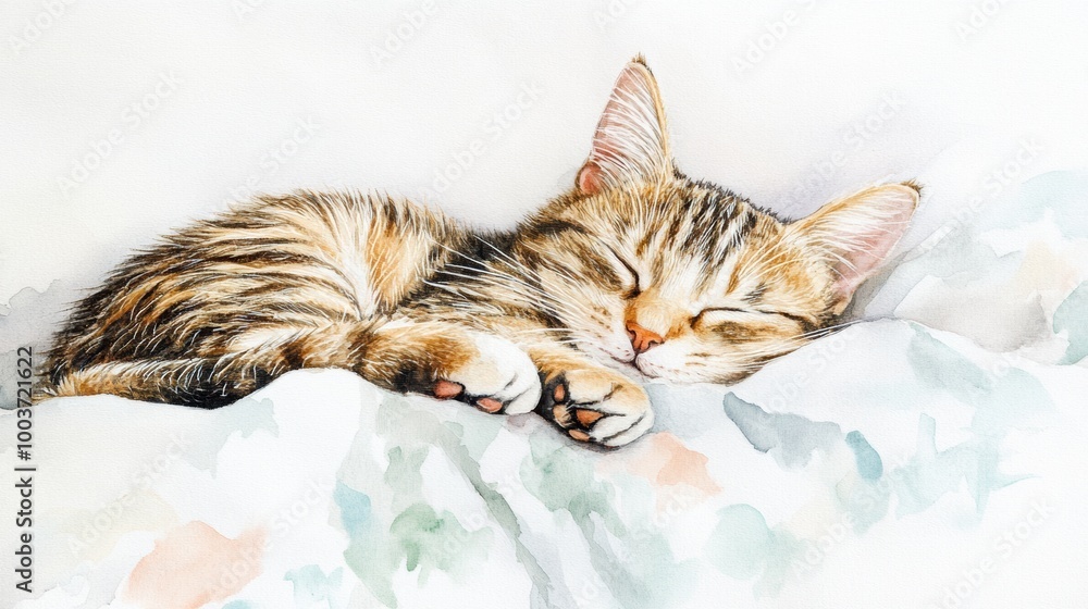 Poster A peaceful tabby cat sleeping comfortably on a soft bedspread in a serene setting during the daytime. Generative AI