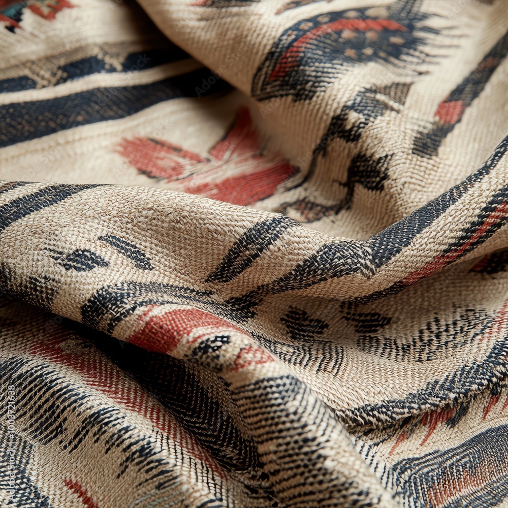 Poster textured fabric with intricate patterns and rich colors.