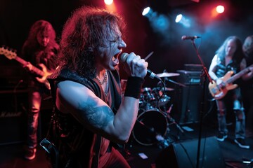 Male singer with microphone performs hard rock music on stage. Rock band plays instruments, sings, and entertains audience. Young adults enjoy concert, cheer, and dance.