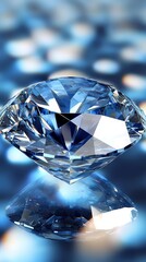  Blue diamond closely situated against a blue backdrop, featuring its mirror-like reflection on the image's surface