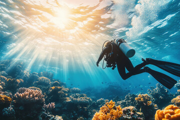 scuba diver exploring vibrant coral reefs underwater