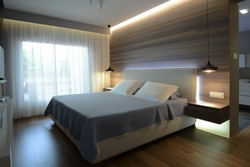 Bedroom interior with large bed, white comforter, gray pillows, wooden panel. Two floor lamps cast warm glow, wooden floor, white curtains, natural light. Light gray walls create calm atmosphere.