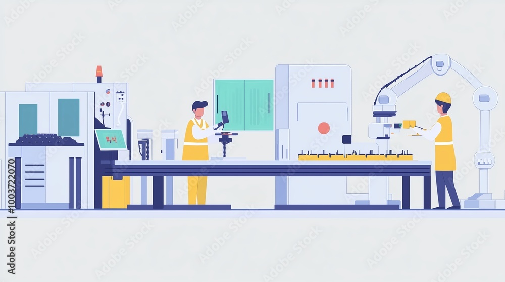 Poster workers engaged in automated manufacturing process with robots in a modern factory setting