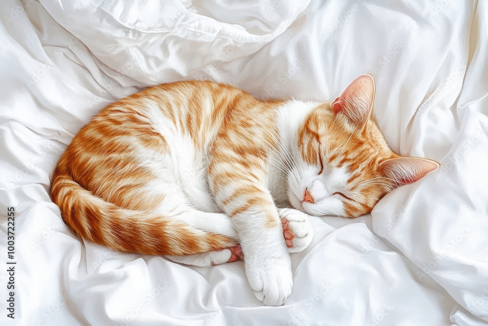 Poster a sleepy orange and white cat curled up on a soft bedspread in a cozy room during the afternoon. gen