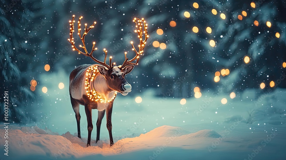 Poster a festive reindeer illuminated by twinkling lights in a snowy landscape, capturing the magic of wint
