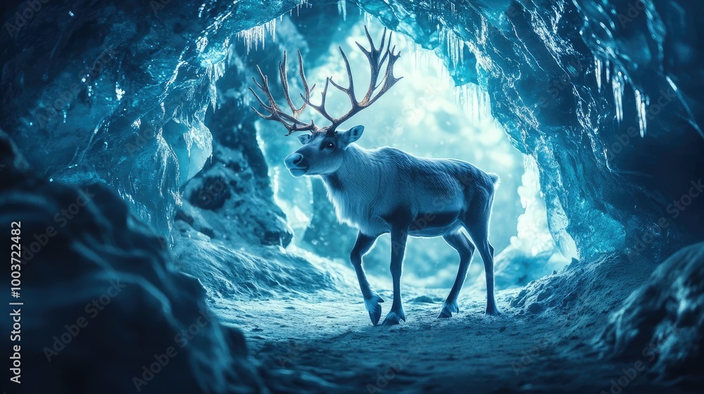 Poster a majestic reindeer standing in a mysterious ice cave, illuminated by ethereal blue light, creating 
