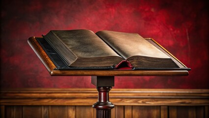 Vintage black leather Holy Bible with Apocrypha inscribed in gold displayed on a crimson lectern, bible, lectern, Holy Bible, vintage, Apocrypha, gold inscription