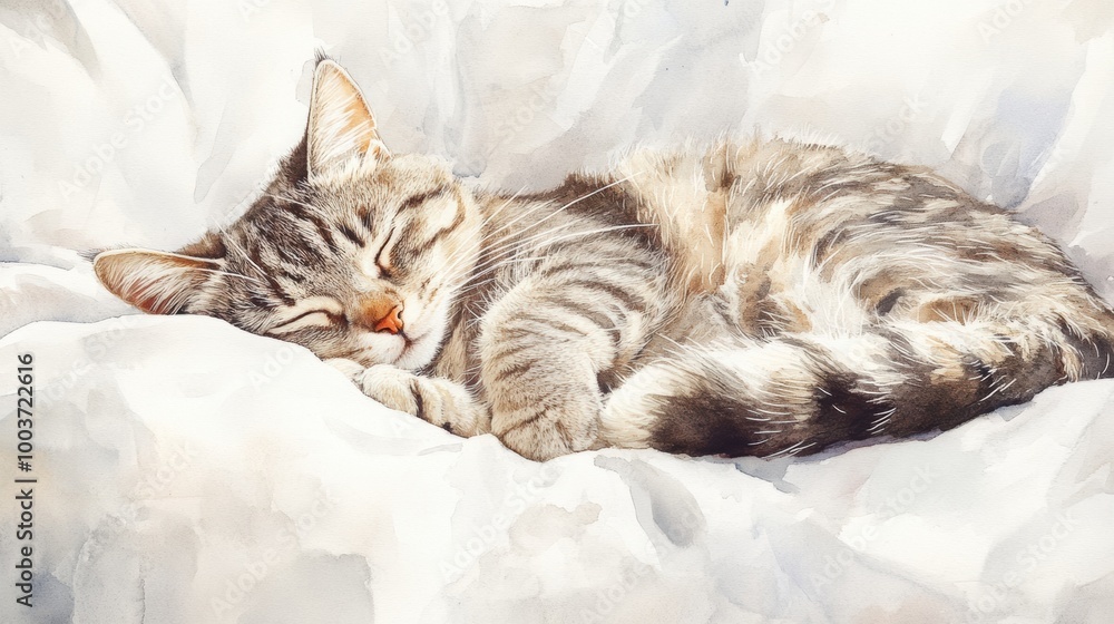 Poster a gray striped cat peacefully sleeping on a soft bedspread with a white background in a cozy interio