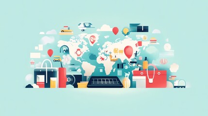 A vibrant illustration of global commerce, showcasing various icons related to shopping, travel, and technology in a colorful design.