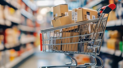 A close-up of a shopping cart filled with packages, symbolizing online shopping and consumer retail experience.