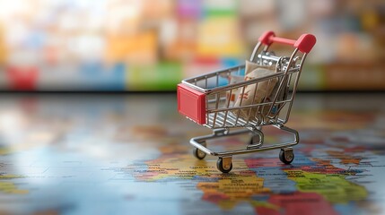 A mini shopping cart on a world map, representing global commerce and online shopping trends.