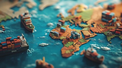 Colorful map highlighting global shipping routes with cargo ships, showcasing international trade and maritime logistics.