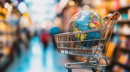 A shopping cart with a globe symbolizes global commerce and international trade in a vibrant marketplace.