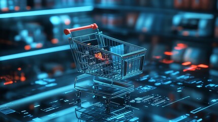 Futuristic shopping cart on a digital interface, symbolizing modern e-commerce and technological advancement in retail.