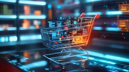 Digital shopping cart with data graphics representing modern e-commerce trends and virtual retail.