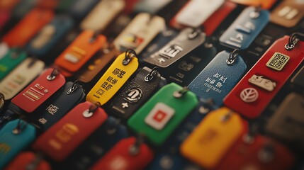 A vibrant collection of colorful tags displayed artistically, showcasing various designs and patterns for creative inspiration.