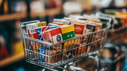 A shopping basket filled with various international cards, showcasing diverse cultures and travel destinations.
