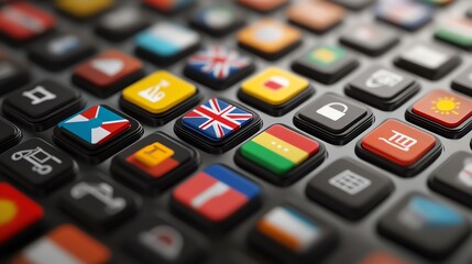 Close-up of colorful flag icons on a digital keyboard, representing various languages and cultures, perfect for global communication.