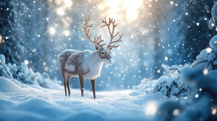 A serene winter scene featuring a majestic reindeer standing in falling snow, illuminated by soft sunlight in a snowy forest.