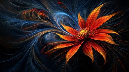  An image of a flower, centered, depicted in hues of orange, blue, and yellow