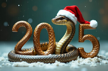 2025 snake numbers as a symbol of chinese new year. The snake is crawling around the numbers. Santa hat is on the snake's head. Grey background.