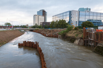 Flood wall in river basin of Svratka, Brno, Czech republic, floods after storm Boris, September 15, 2024.