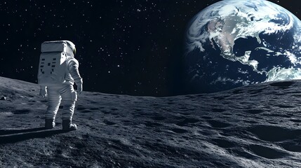 Obraz premium Astronaut Neil Armstrong, spacewalk on the Moon surface watching planet Earth from space. 