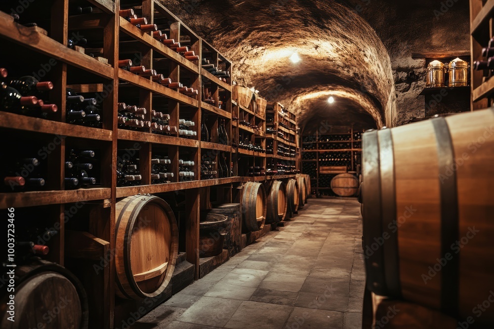 Poster explore a rustic wine cellar with wooden barrels and shelves brimming with wine bottles under warm a