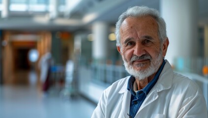 A portrait of an elderly male doctor with gray hair and beard, wearing white coat standing in hospital hall, with a determined expression