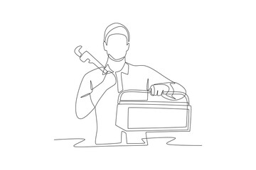 Plumber holding tool box and pipe wrench. Plumber concept one-line drawing