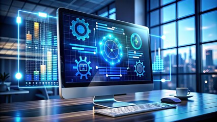 Fototapeta premium A futuristic computer screen displays a dev ops icon amidst coding windows and charts, symbolizing efficient software development, agile operations, and high-quality delivery.