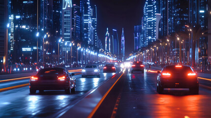 Fototapeta premium Futuristic city street illuminated by modern LED lights at night with cars driving along a sleek urban road