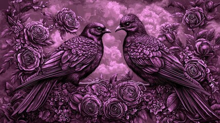 Obraz premium Two birds seated side by side against a purple backdrop Roses adjacent Sky dotted with clouds