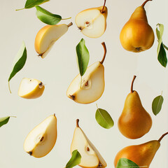 Pear with half slices falling, on white background