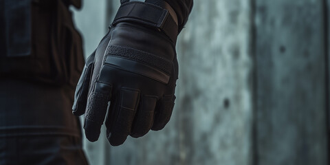 Hand in tactical black glove with confident mood resting at side in urban concrete environment
