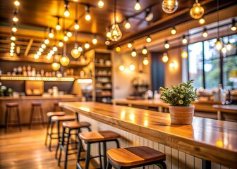 Cozy ambiance of a contemporary cafe with blurred background, soft bokeh lights, and a warm wooden bar counter, inviting a sense of relaxation and comfort.