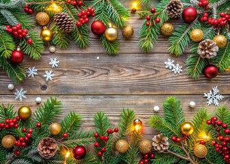 Vibrant winter border featuring decorated Christmas branches with ornaments, garlands, and pinecones, creating a festive holiday atmosphere with colorful ornaments and snowflakes.