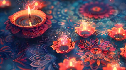  An ornate "Diwali" background filled with decorative mandalas and glowing oil lamps, radiating a festive atmosphere with traditional elements 
